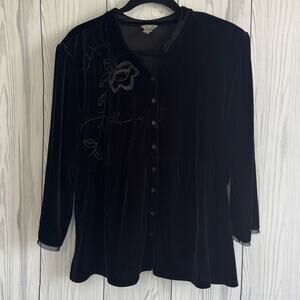 J Jill Womens Velvet Blouse Boho Embroidery Floral Mesh Whimsigoth Holiday XL
